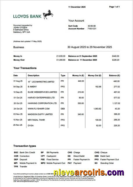 UK Lloyds Bank account statement Word and PDF